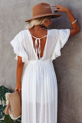 Robe longue blanche cache-maillot pour femme, caftan, col en V, couleur unie, tenue de vacances
